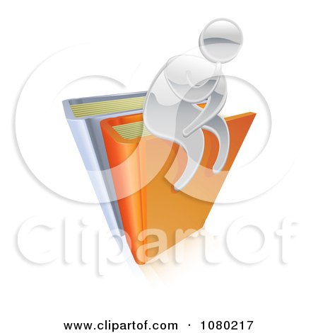 Clipart 3d Silver Man Thinking And Sitting On Top Of Books - Royalty Free Vector Illustration by AtStockIllustration