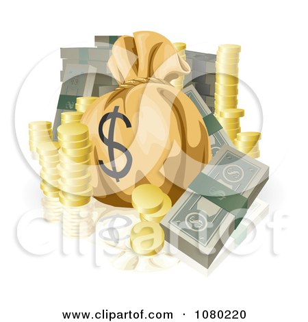 Clipart Bundled Cash Stacked Coins And A Money Sack - Royalty Free Vector Illustration by AtStockIllustration
