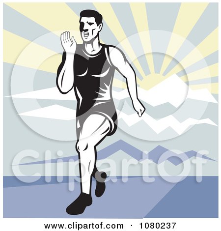 Clipart Male Runner Sprinting Against A Mountainous Landscape - Royalty Free Vector Illustration by patrimonio