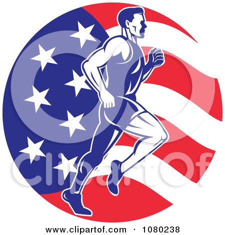 Clipart Male Marathon Runner Over An American Flag Circle - Royalty Free Vector Illustration by patrimonio