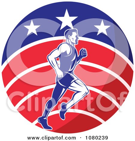 Clipart Male Marathon Runner Over A USA Circle - Royalty Free Vector Illustration by patrimonio
