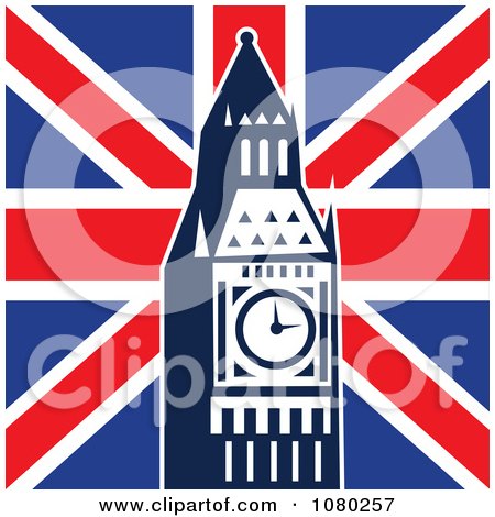 Clipart The Big Ben Clock Tower Against The Union Jack Flag - Royalty Free Vector Illustration by patrimonio