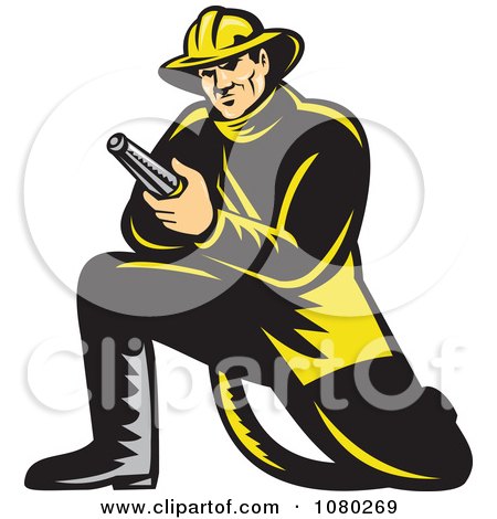 Clipart Retro Fireman Kneeling And Holding A Hose - Royalty Free Vector Illustration by patrimonio