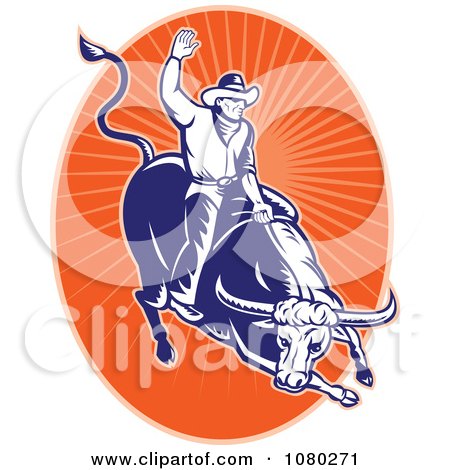 Clipart Blue And Orange Rodeo Cowboy And Bull Oval - Royalty Free Vector Illustration by patrimonio