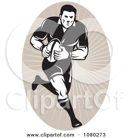 Clipart Black And White Football Player Over Tan Rays - Royalty Free Vector Illustration by patrimonio