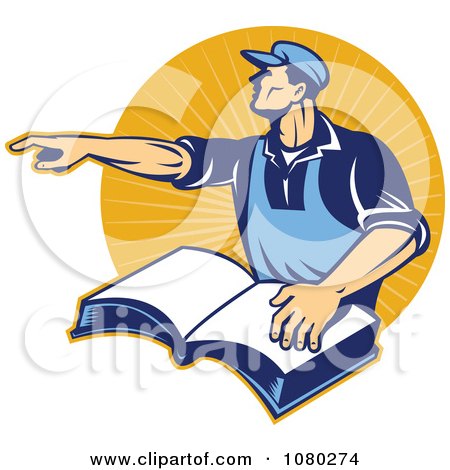 Clipart Retro Worker Pointing And Resting A Hand On A Book, Over Orange Rays - Royalty Free Vector Illustration by patrimonio