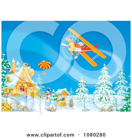 Clipart Santa Flying A Biplane Over A Winter Property - Royalty Free Illustration by Alex Bannykh