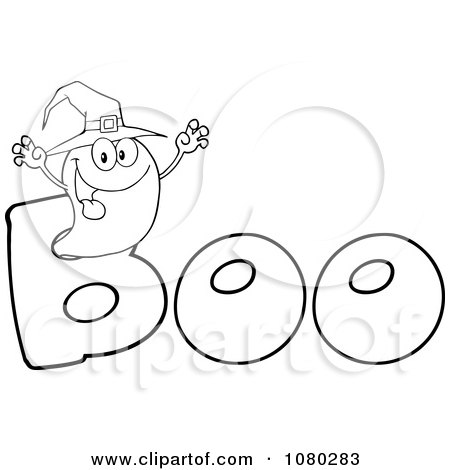Clipart Outlined Scaring Ghost Wearing A Witch Hat In The Word BOO - Royalty Free Vector Illustration by Hit Toon