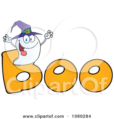 Clipart Scaring Ghost Wearing A Witch Hat In The Word BOO - Royalty Free Vector Illustration by Hit Toon