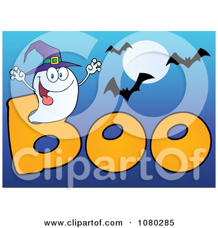Clipart Ghost Wearing A Witch Hat In The Word BOO With Bats On Blue - Royalty Free Vector Illustration by Hit Toon