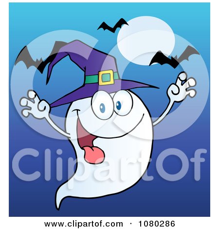 Clipart Spooky Ghost Wearing A Witch Hat Over Bats On Blue - Royalty Free Vector Illustration by Hit Toon