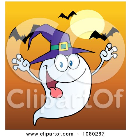 Clipart Spooky Ghost Wearing A Witch Hat Over Bats On Orange - Royalty Free Vector Illustration by Hit Toon