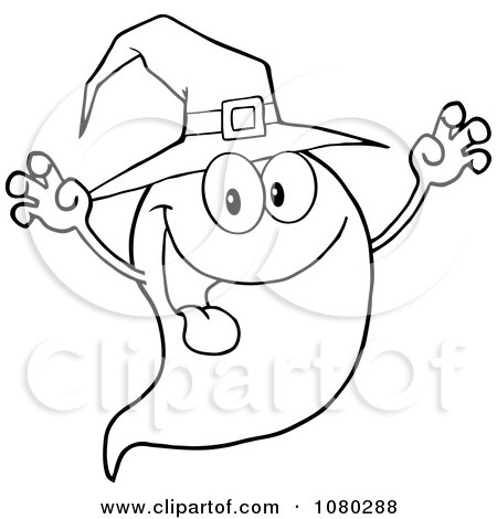 Clipart Outlined Spooky Ghost Wearing A Witch Hat - Royalty Free Vector Illustration by Hit Toon