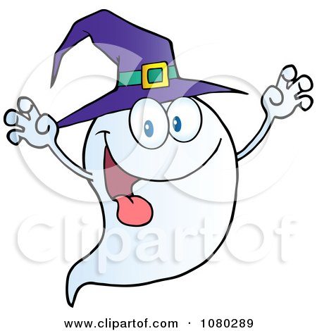Clipart Scaring Ghost Holding His Hands Up And Wearing A Witch Hat - Royalty Free Vector Illustration by Hit Toon
