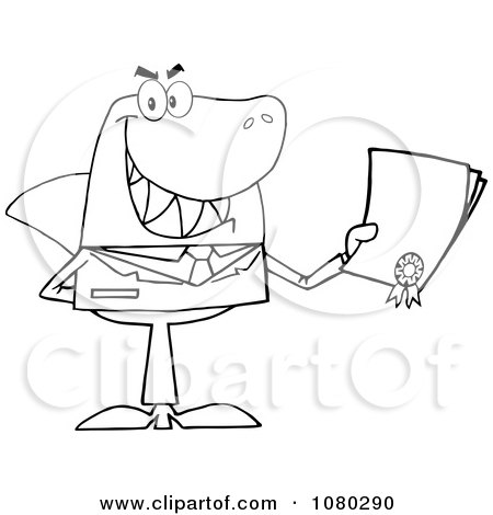 Clipart Outlined Shark Businessman Holding A Bad Contract In His Hand - Royalty Free Vector Illustration by Hit Toon