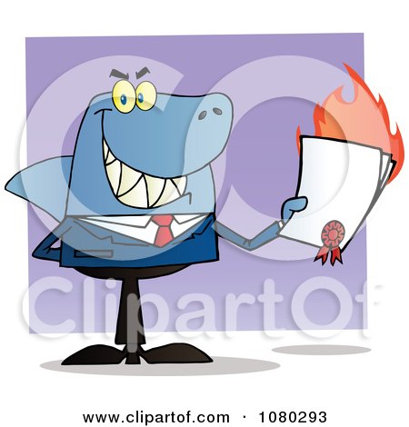Clipart Shark Businessman Holding A Flaming Bad Contract In His Hand - Royalty Free Vector Illustration by Hit Toon