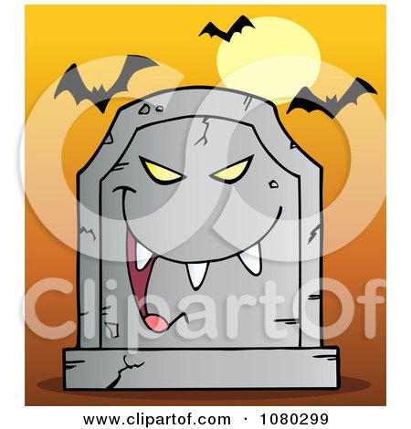 Clipart Laughing Evil Tombstone Under Bats On Orange - Royalty Free Vector Illustration by Hit Toon