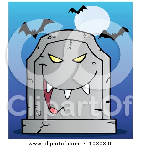 Clipart Laughing Evil Gravestone Under Bats On Blue - Royalty Free Vector Illustration by Hit Toon