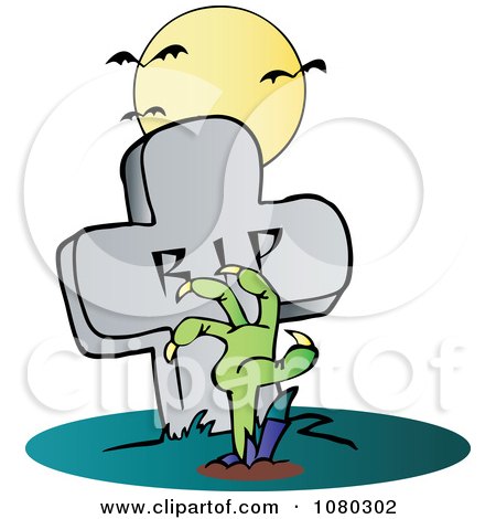 Clipart Zombie Hand Reaching Up From The Earth In Front Of A Tombstone - Royalty Free Vector Illustration by Hit Toon