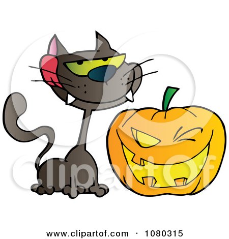 Clipart Grinning Black Cat And Winking Halloween Jackolantern Pumpkin - Royalty Free Vector Illustration by Hit Toon