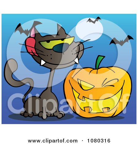 Clipart Black Cat And Winking Halloween Jackolantern Pumpkin With Bats On Blue - Royalty Free Vector Illustration by Hit Toon