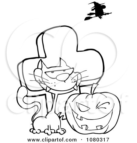 Clipart Outlined Cat And Winking Halloween Jackolantern Pumpkin By A Tombstone - Royalty Free Vector Illustration by Hit Toon