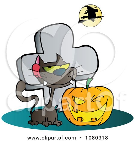 Clipart Black Cat And Winking Halloween Jackolantern Pumpkin By A Tombstone- Royalty Free Vector Illustration by Hit Toon