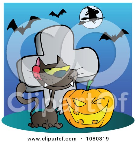 Clipart Black Cat And Halloween Jackolantern By A Tombstone- Royalty Free Vector Illustration by Hit Toon