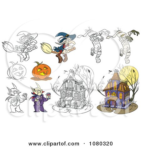 Clipart Colored And Outlined Halloween Witches Mummies Jackolanterns Vampires And Haunted Houses - Royalty Free Vector Illustration by Frisko