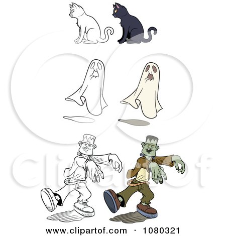 Clipart Colored And Outlined Halloween Cats Ghosts And Frankensteins - Royalty Free Vector Illustration by Frisko