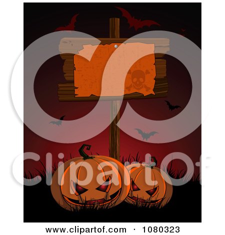 Clipart Blank Wooden Sign Over Halloween Jakcolanterns And Bats - Royalty Free Vector Illustration by Pushkin