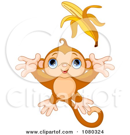 Clipart Cute Monkey Leaping For A Banana - Royalty Free Vector Illustration by Pushkin