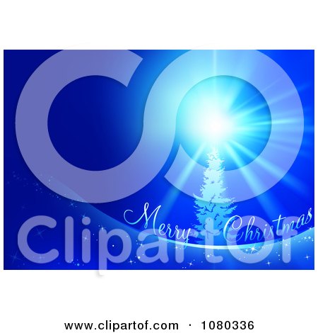 Clipart Bright Star On A Tree Over Merry Christmas Text On Blue - Royalty Free Vector Illustration by dero