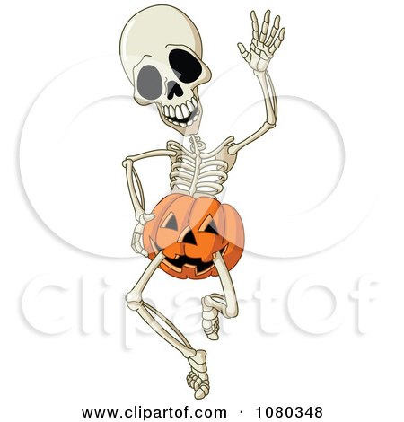 Clipart Happy Skeleton Waving And Wearing Jackolantern Shorts - Royalty Free Vector Illustration by yayayoyo