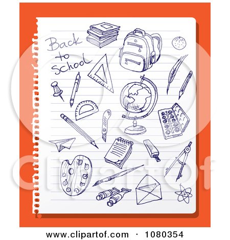 Clipart Blue Ink School Doodles On Ruled Paper Over Orange - Royalty Free Vector Illustration by Eugene