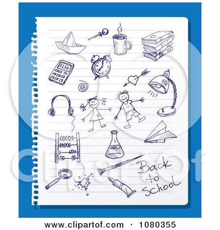 Clipart Blue Ink School Doodles On Ruled Paper Over Blue - Royalty Free Vector Illustration by Eugene