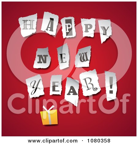 Clipart Torn Happy New Year Letters Over A Gift On Red - Royalty Free Vector Illustration by Eugene