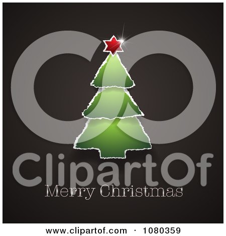 Clipart Torn Paper Tree Over Merry Christmas Text On Black - Royalty Free Vector Illustration by Eugene