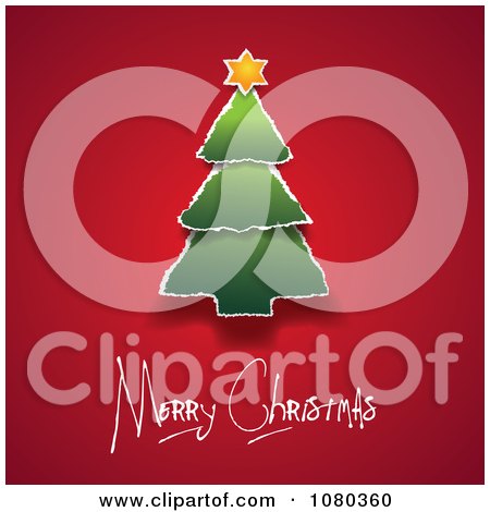 Clipart Torn Paper Tree Over Merry Christmas Text On Red - Royalty Free Vector Illustration by Eugene