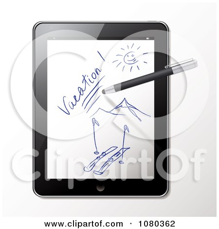 Clipart 3d Stylus Pen Drawing A Ski Vacation Scene On A Tablet - Royalty Free Vector Illustration by Eugene