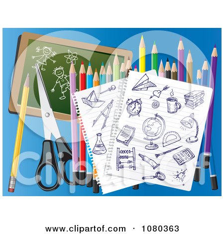 Clipart Ink School Doodles On Ruled Paper With Colored Pencils Scissors And A Chalkboard On Blue - Royalty Free Vector Illustration by Eugene
