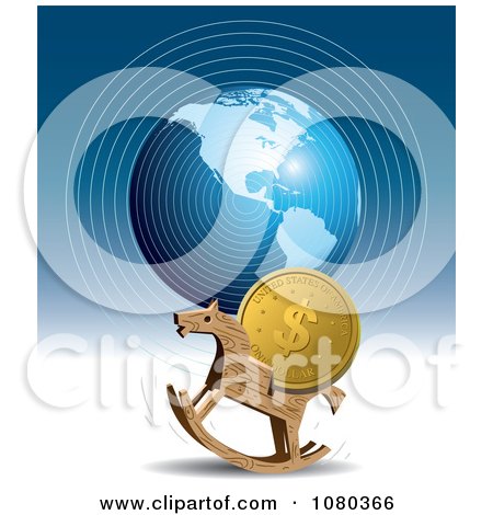 Clipart Wooden Rocking Horse With A Dollar Coin And Blue Globe - Royalty Free Vector Illustration by Eugene