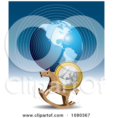 Clipart Wooden Rocking Horse With A Euro Coin And Blue Globe - Royalty Free Vector Illustration by Eugene