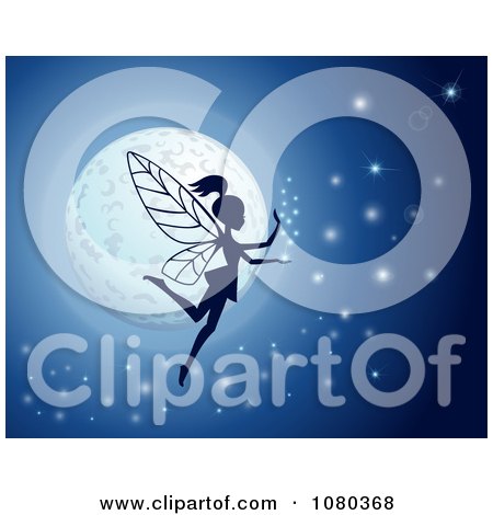Clipart Silhouetted Fairy Against A Glowing Moon With Sparkles On Blue - Royalty Free Vector Illustration by Eugene