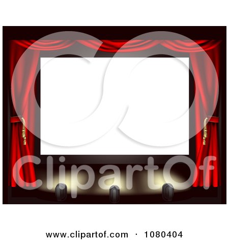 Clipart Blank Cinema Screen With Red Drapes And Spot Lights On The Stage - Royalty Free Vector Illustration by AtStockIllustration