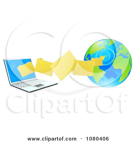 Clipart 3d Files Transfering From A Globe To A Laptop Computer - Royalty Free Vector Illustration by AtStockIllustration