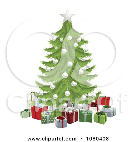 Clipart 3d Christmas Tree With A White Star And Baubles Over Gifts - Royalty Free Vector Illustration by AtStockIllustration