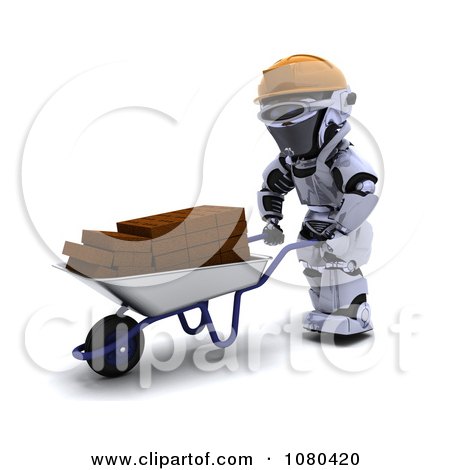 Clipart 3d Construction Robot Moving Bricks In A Wheelbarrow - Royalty Free CGI Illustration by KJ Pargeter