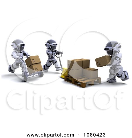 Clipart 3d Shipping Robots Moving Cardboard Boxes - Royalty Free CGI Illustration by KJ Pargeter