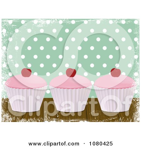 Clipart Grungy Green Polka Dot Background With Three Cupcakes - Royalty Free Vector Illustration by elaineitalia